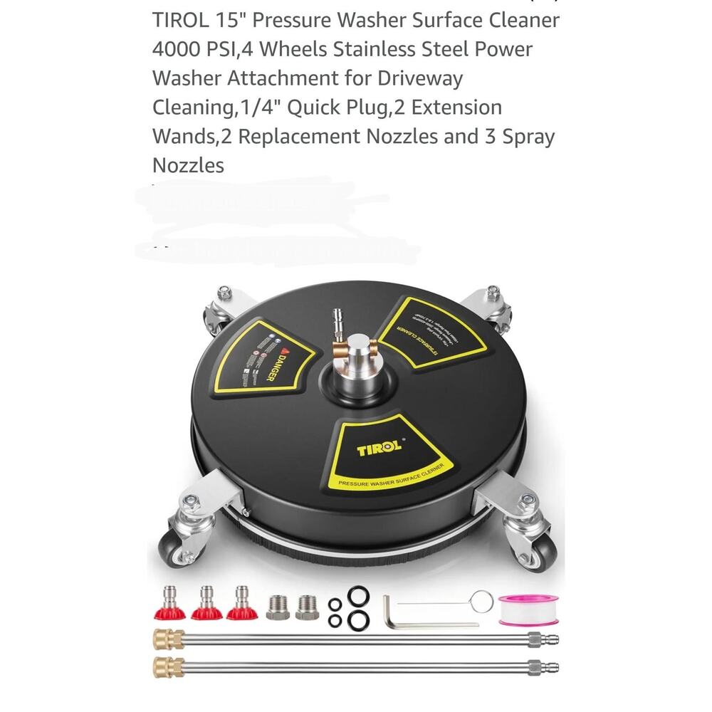 15" Pressure Washer Surface Cleaner 4000 PSI, Wheels Stainless Steel Attachment